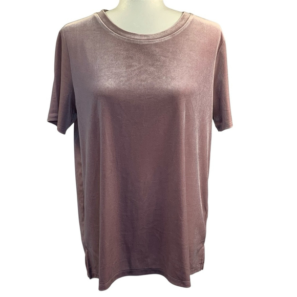 Elevated Basic T-shirt Velveteen Statement Top S-Sleeve Side Slit Dusty Rose M - Picture 3 of 12